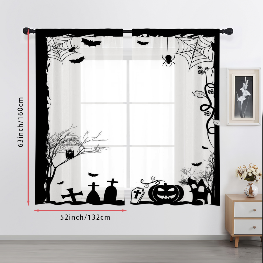 2PCS 디지털 프린트 시스루 커튼, 거미줄 묘비 묘지 - Spider Web Halloween Decoration 리뷰 및 가격